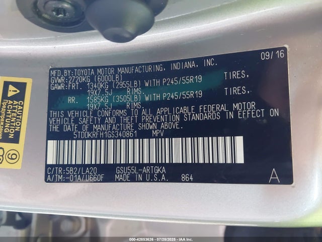 Toyota 2gr-fe 2016 5TDDKRFH1GS340861 Image 9