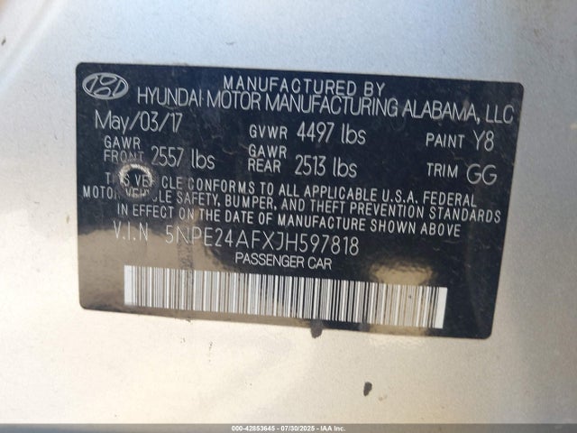 5NPE24AFXJH597818 Hyundai gdi theta-ii