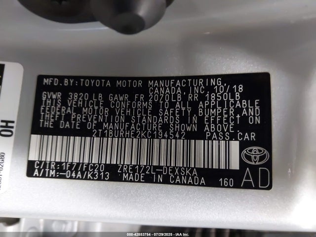 Toyota 2zr-fe 2019 2T1BURHE2KC194542 Image 9