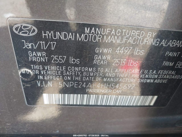 5NPE24AF4HH545692 Hyundai 2017