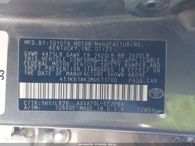 4T1K61AK3MU611700 Toyota a25a-fks