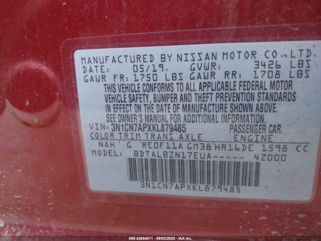 3N1CN7APXKL879485 Nissan Versa