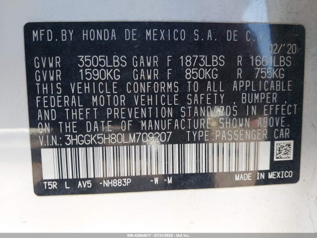 3HGGK5H80LM709207 Honda l15b1