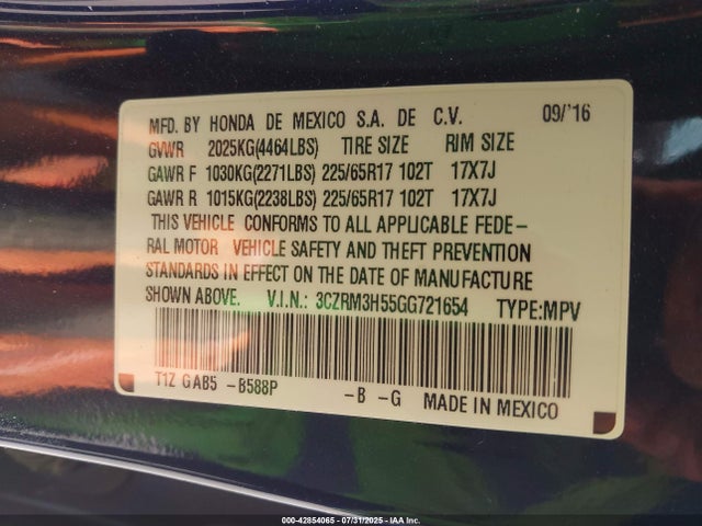 Honda k24w9/k24v1 2016 3CZRM3H55GG721654 Image 9