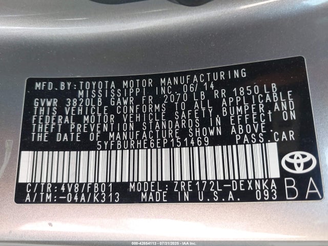5YFBURHE6EP151469 Toyota 2zr-fe