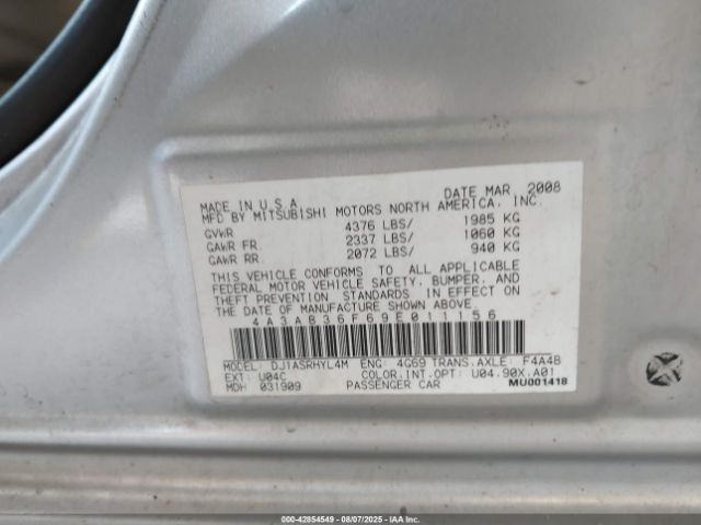 2009 MITSUBISHI GALANT 4A3AB36F69E011156 Photo 8