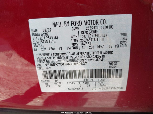 1FMSK7DH8NGA69637 Ford ecoboost
