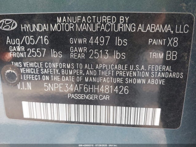 5NPE34AF6HH481426 Hyundai 2017