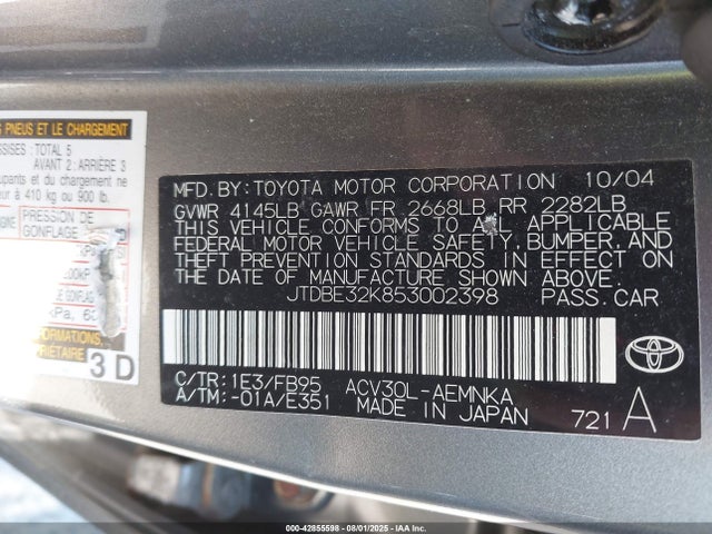 2005 Toyota Camry Std მანქანა იყიდება აუქციონზე, vin: JTDBE32K853002398, აუქციონის ნომერი: 42855598