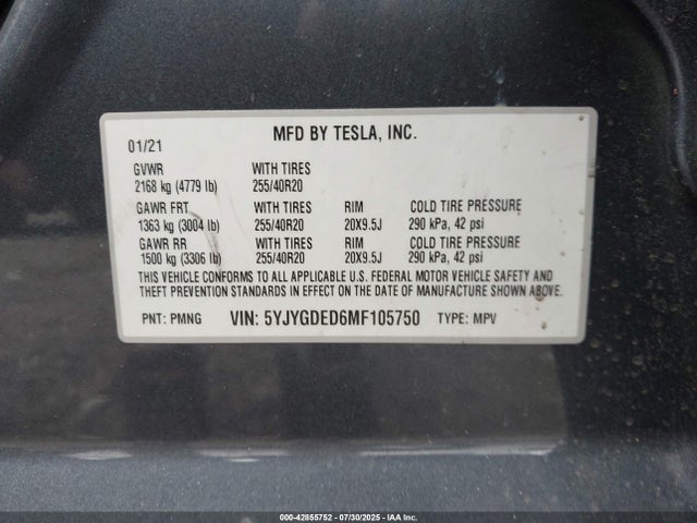 2021 TESLA MODEL Y 5YJYGDED6MF105750 Photo 8