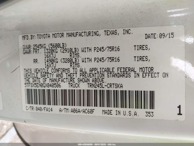 5TFSX5EN0GX040506 Toyota 2tr-fe