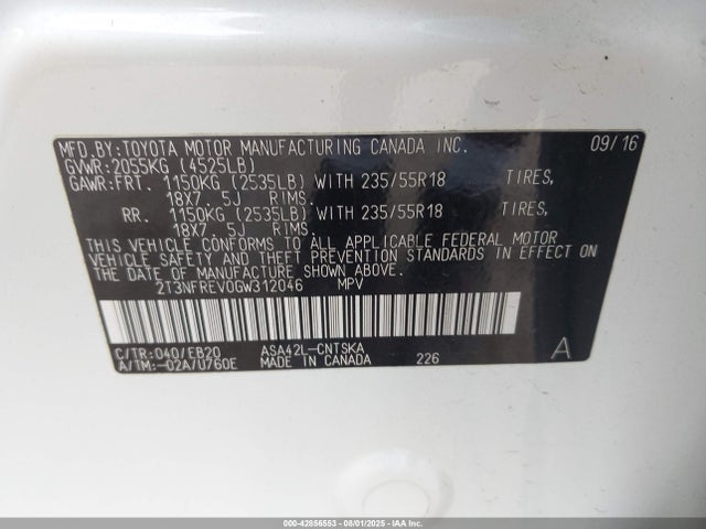 2T3NFREV0GW312046 Toyota 2ar-fe
