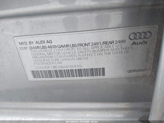 2008 AUDI A4 WAUDF78E58A036455 Photo 8