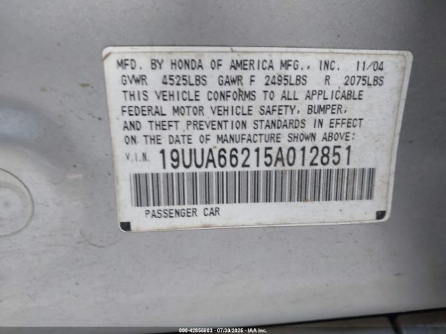 2005 ACURA TL 19UUA66215A012851 Photo 8