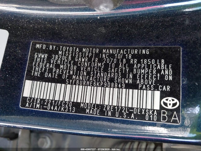 5YFBURHE6KP908849 Toyota 2zr-fe