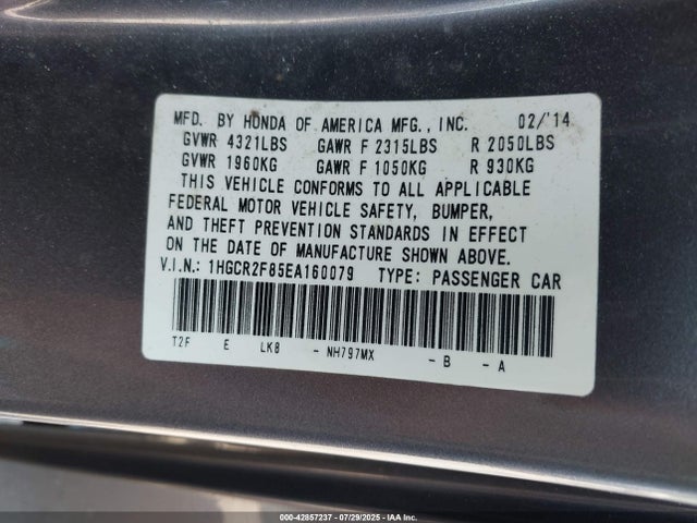 Honda k24w1 2014 1HGCR2F85EA160079 Image 9