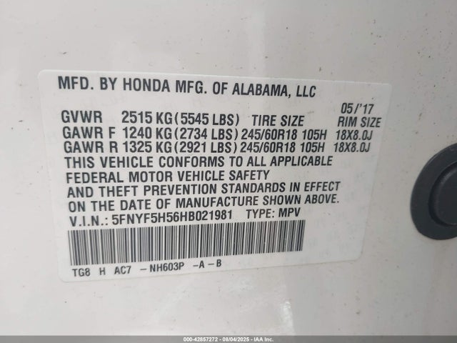 Honda j35y6 2017 5FNYF5H56HB021981 Image 9