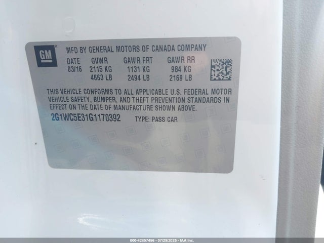 2G1WC5E31G1170392 Chevrolet lfx - sidi, vvt, e85 max, alum gm