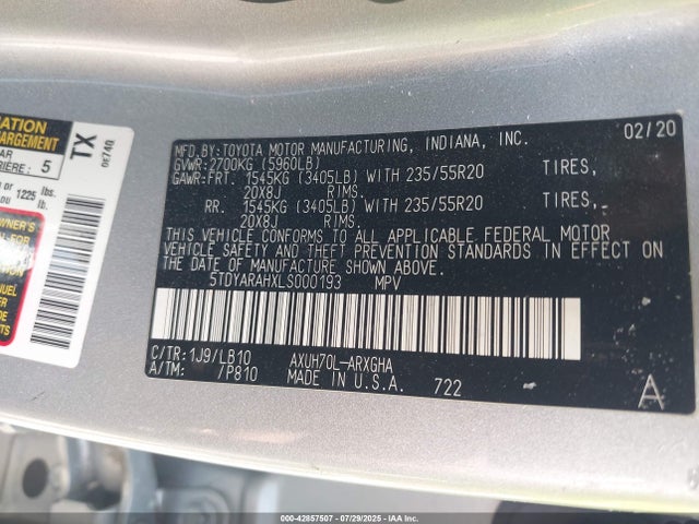 5TDYARAHXLS000193 Toyota a25a-fxs, 5nm