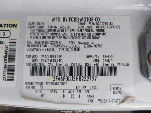 Ford 2.0l 4v atk hev 2017 3FA6P0LU3HR232727 Image 9