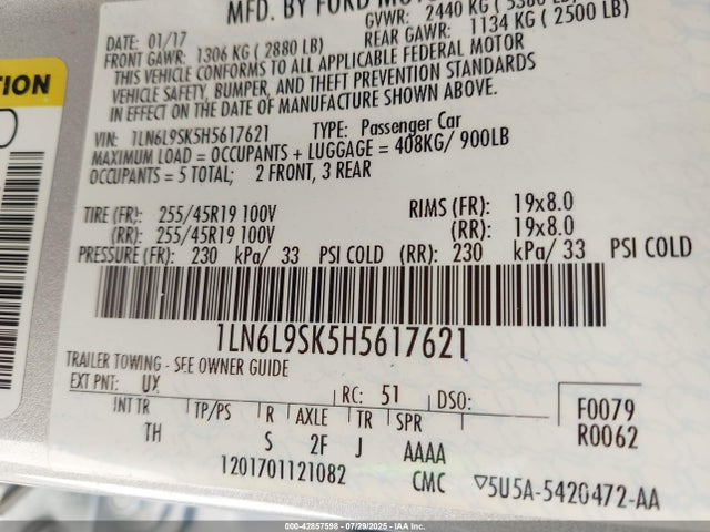 1LN6L9SK5H5617621 Lincoln 3.7l tivct