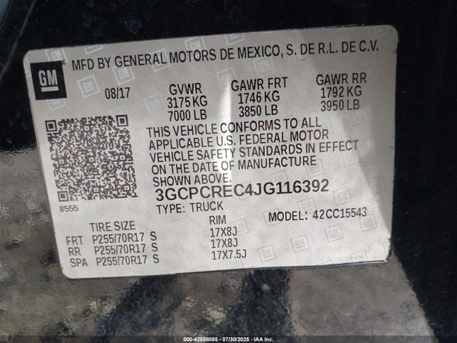 3GCPCREC4JG116392 Chevrolet l83 - sidi: spark ignited direct injection, vvt: variable valve timing, afm, e85 max, alum