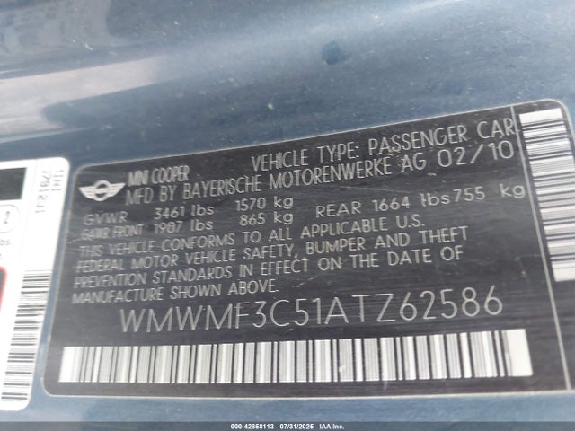 2010 MINI COOPER WMWMF3C51ATZ62586 Photo 8