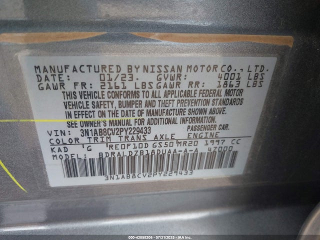 2023 Nissan Sentra Sv Xtronic Cvt მანქანა იყიდება აუქციონზე, vin: 3N1AB8CV2PY229433, აუქციონის ნომერი: 42858206