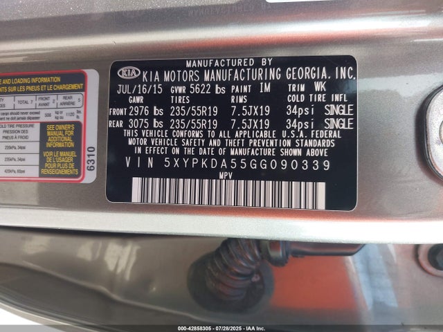 5XYPKDA55GG090339 KIA Sorento 3.3l Sxl