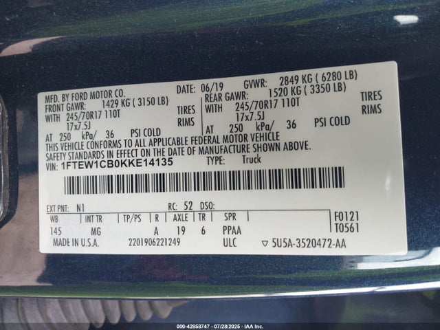 Ford 3.3l tivct 2019 1FTEW1CB0KKE14135 Image 9