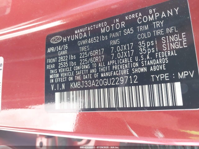 KM8J33A20GU229712 Hyundai 2016