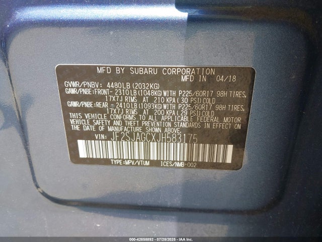 Subaru naturally aspirated u5 2018 JF2SJAGCXJH583175 Image 9