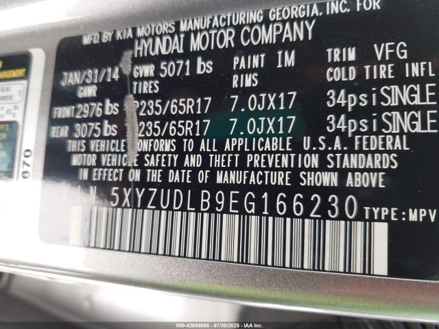 5XYZUDLB9EG166230 Hyundai gdi theta