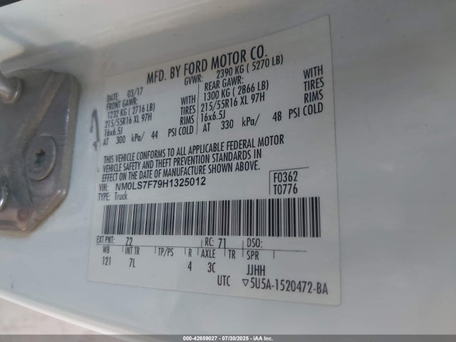 Ford 2.5l dohc pfi 2017 NM0LS7F79H1325012 Image 9