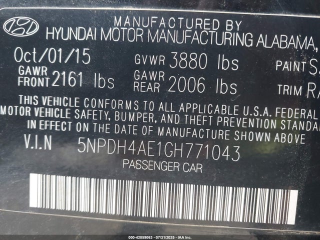 Aukcja sprzedaży 2016 Hyundai Elantra Se, vin: 5NPDH4AE1GH771043, numer aukcji: 42859063
