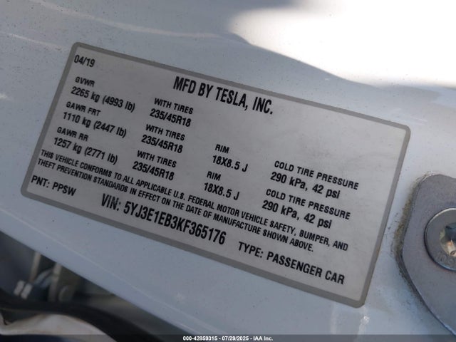 Tesla MODEL 3 2019 5YJ3E1EB3KF365176 Image 9
