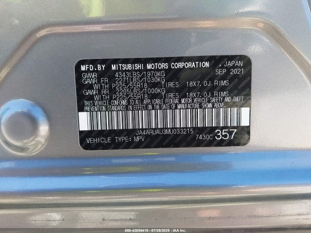 Mitsubishi mivec 2021 JA4ARUAU3MU033215 Image 9