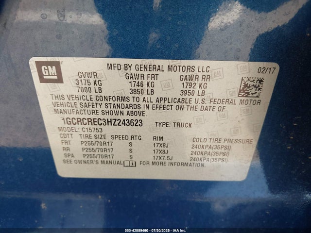 1GCRCREC3HZ243623 Chevrolet l83 - sidi: spark ignited direct injection, vvt: variable valve timing, afm, e85 max, alum