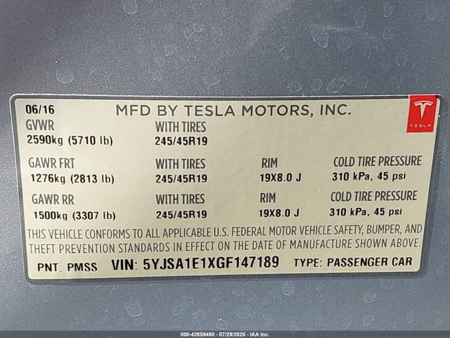 2016 TESLA MODEL S 5YJSA1E1XGF147189 Photo 8