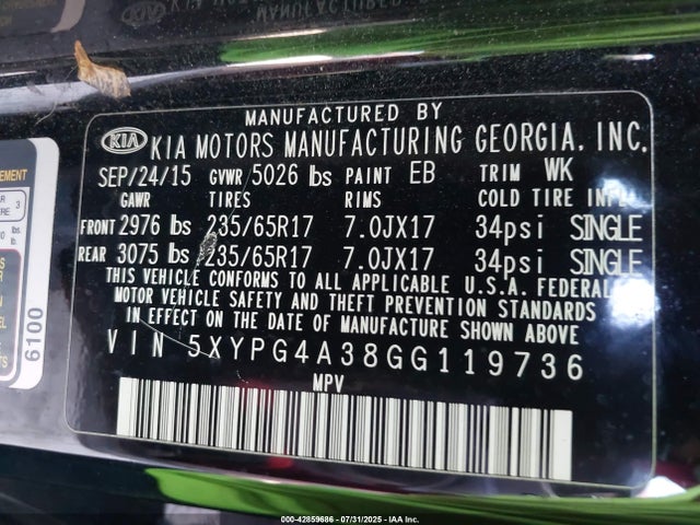 5XYPG4A38GG119736 KIA dohc gdi theta ii