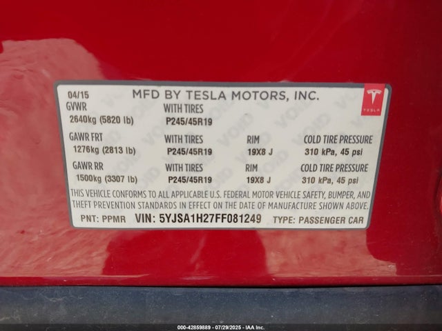 2015 TESLA MODEL S 5YJSA1H27FF081249 Photo 8