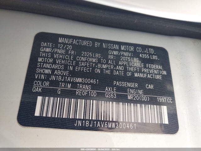 Продаж на аукціоні авто 2021 Nissan Rogue Sport S Fwd Xtronic Cvt, vin: JN1BJ1AV6MW300461, номер лоту: 42859890