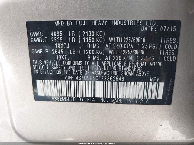 Subaru 2.5l u6 2015 4S4BSBNC1F3362648 Image 9