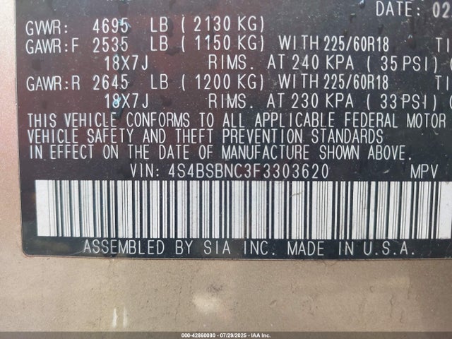 Subaru 2.5l u6 2015 4S4BSBNC3F3303620 Image 9