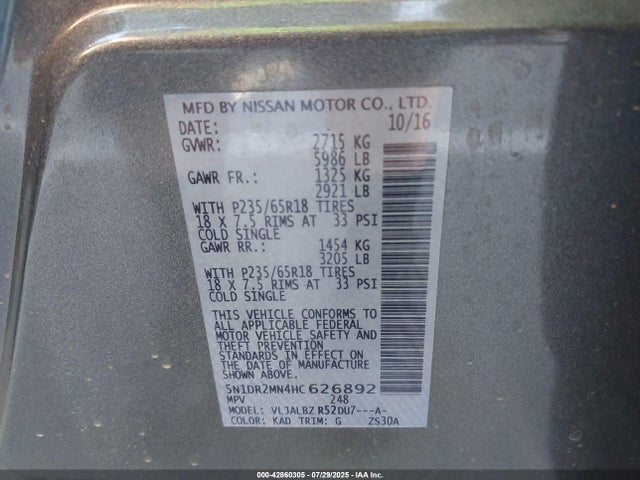 42860305 :رقم المزاد ، 5N1DR2MN4HC626892 vin ، 2017 Nissan Pathfinder S مزاد بيع