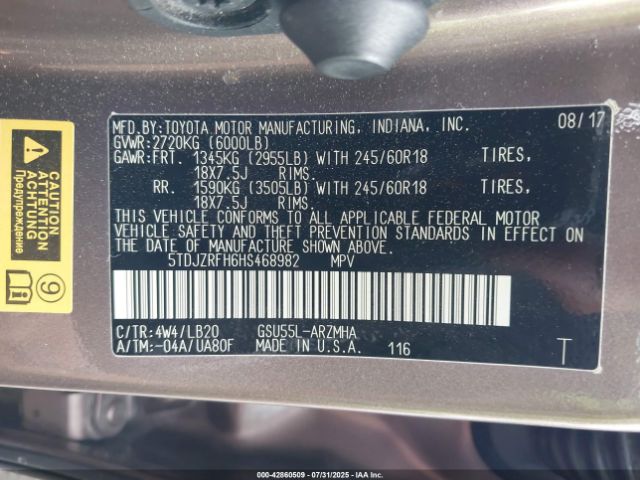 2017 TOYOTA HIGHLANDER 5TDJZRFH6HS468982 Photo 8