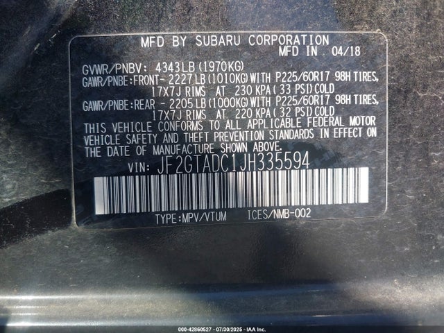 Subaru naturally aspirated 2018 JF2GTADC1JH335594 Image 9