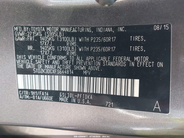5TDZK3DCXFS644814 Toyota 2gr-fks