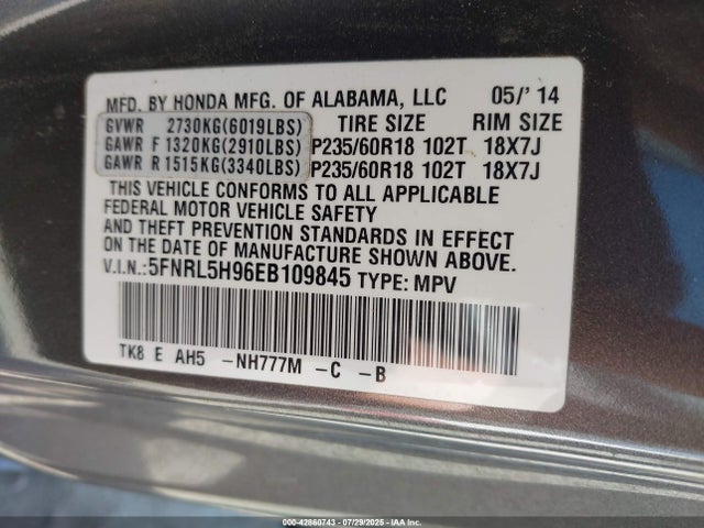 Honda j35z8 2014 5FNRL5H96EB109845 Image 9