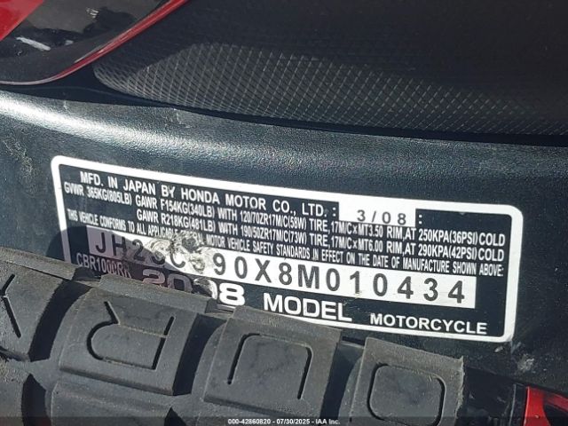 2008 HONDA CBR1000 JH2SC590X8M010434 Photo 9